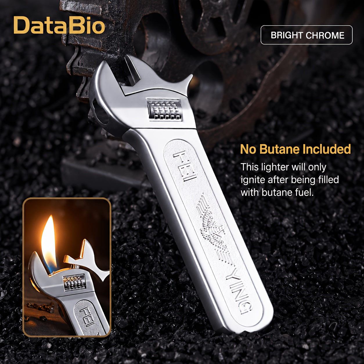 Spanner Shape Novelty Lighter – Refillable Butane Windproof Metal Lighter, Cool Gadget Gift for Men | Father's Day Gift Idea | Bright Chrome & Black | No Butane Included