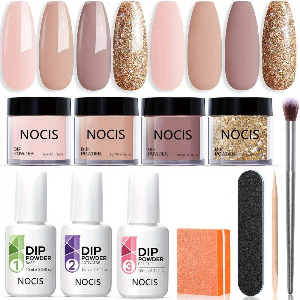 Dip Powder Nail Kit 11 Piece Complete Starter Set 4 Colors Nude Skin Tone Golden Glitter Acrylic Dipping Powder with Base Coat Top Coat & Activator - No Lamp French Nail Art Manicure Gift Set
