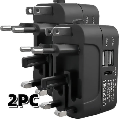 Universal Travel Adapter with Surge Protection - 2 USB & Type-C Ports, All-in-One International Plug for 350+ Countries, 100-240V Input, Fast Charging, Compact Lightweight Design, White & Black