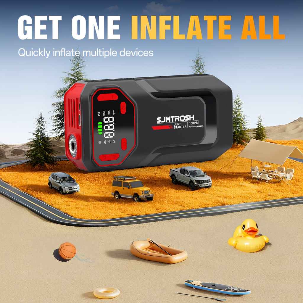 Kickstart Your Vehicle Using an Air Compressor with a Maximum Pressure of 150 PSI And a 12V Power Supply, Ideal for 8.5 Liters of Gasoline Or 1.72 Gallons of Diesel. It Features USB Input/Output And an LED Emergency Light
