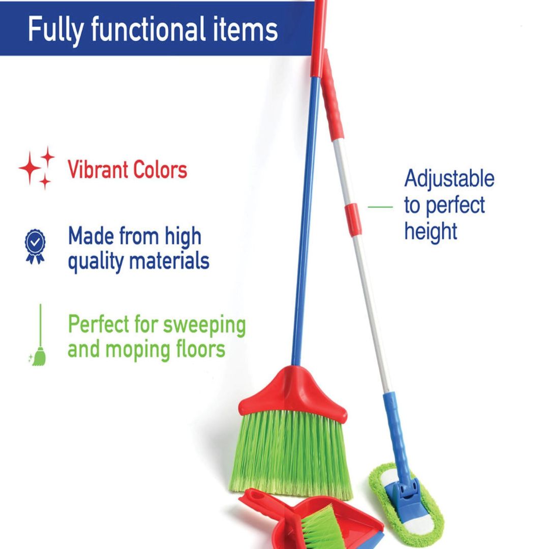 Kids Cleaning Set 4 Piece Toy Broom Mop Brush Dustpan – Pretend Play Housekeeping Kit for Toddlers Boys Girls | Develops Fine Motor Skills & Responsibility | Best Birthday Christmas Gift Ages 3+