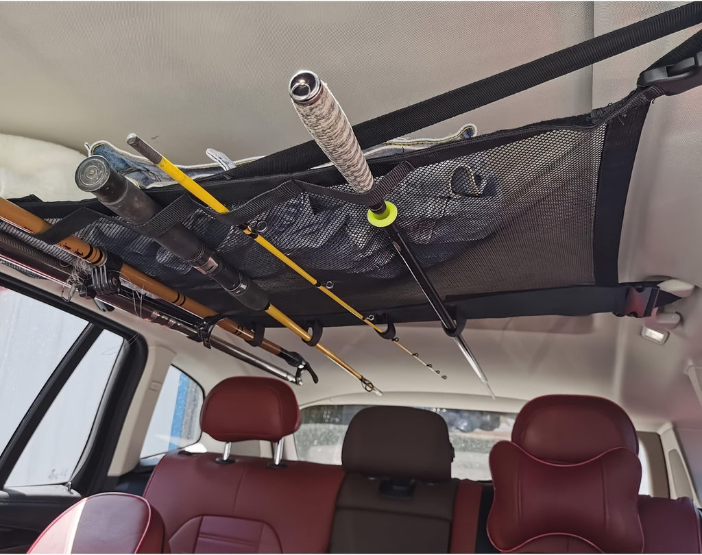 Durable Car Ceiling Mesh Organizer - Easy Install, Space-Saving, Adjustable Straps for SUV, Truck, Van - Fishing Rods Fabric Vehicle Roof Storage Net for Fishing Rods, Ski Poles And Long Gear, Easy Installation.