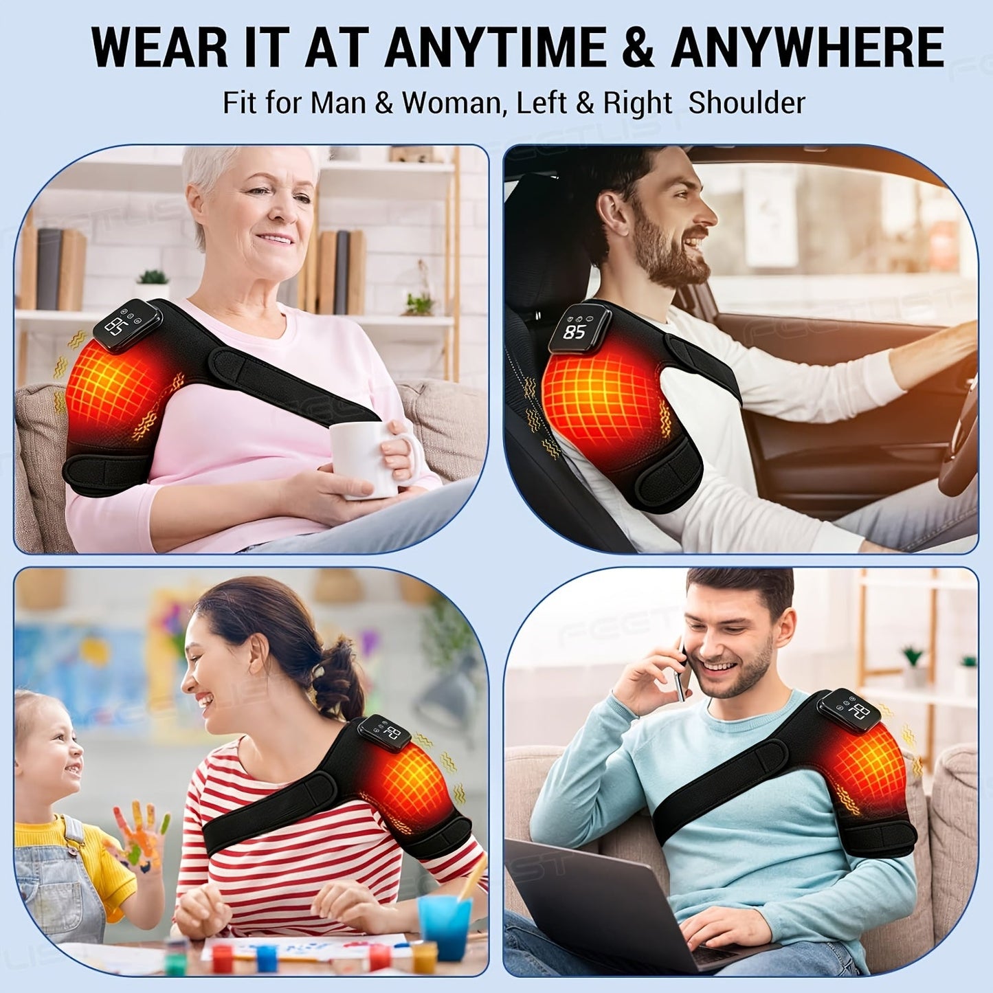 Cordless Heated Shoulder Massager with Vibration – 3 Heat Levels & 3 Vibration Intensities Electric Heating Pad for Shoulder, Elbow & Knee Pain Relief, LED Touch Screen, USB & Battery Powered