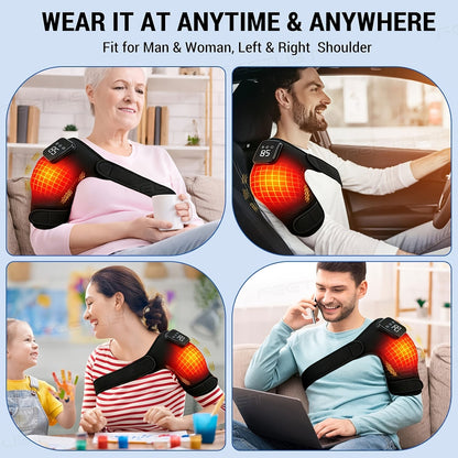 Cordless Heated Shoulder Massager with Vibration – 3 Heat Levels & 3 Vibration Intensities Electric Heating Pad for Shoulder, Elbow & Knee Pain Relief, LED Touch Screen, USB & Battery Powered