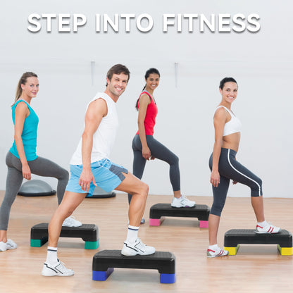 Aerobic Step Platform Adjustable Height with 2 Risers – Non-Slip Workout Stepper 18"x11", 440 LB Capacity, Space-Saving Design for Home Gym Cardio, Strength & Toning, 4 Color Options