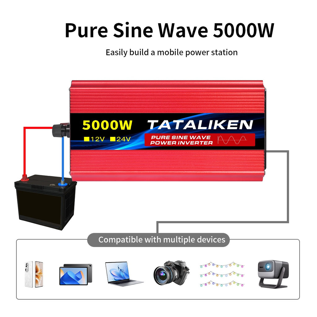 TATALIKEN Pure Sine Wave Inverter 1000W (peak) / 5000W (peak) Power, 12V/24V to 110V DC to AC, for Power Outages, Camping, Backup, And Automotive Accessories, Without Battery