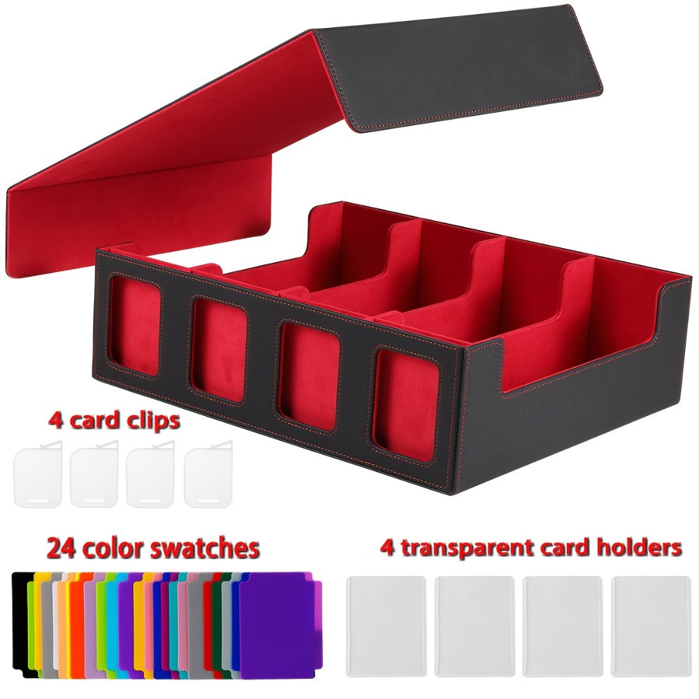 Magnetic Card Storage Box 1200+ Cards with Display Window – 24 Color Dividers 4 Sleeves Grid Boards, Trading Card Organizer for Pokemon MTG Sports YuGiOh TCG, Blue Red Gray Purple