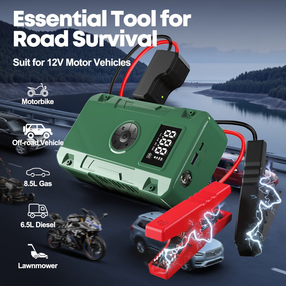 Jump Starter 10000A 7-in-1 with Air Pump – 150PSI Tire Inflator, Portable Battery Booster for Gas & Diesel, USB & USB-C Power Bank, LED Emergency Light