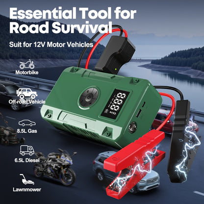 Jump Starter 10000A 7-in-1 with Air Pump – 150PSI Tire Inflator, Portable Battery Booster for Gas & Diesel, USB & USB-C Power Bank, LED Emergency Light