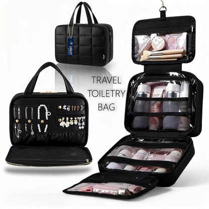 Hanging Travel Toiletry Bag Large Capacity for Full-Size Products Waterproof Cosmetic Organizer with Hook — Bathroom Makeup Travel Bag for Women Pink Beige Black