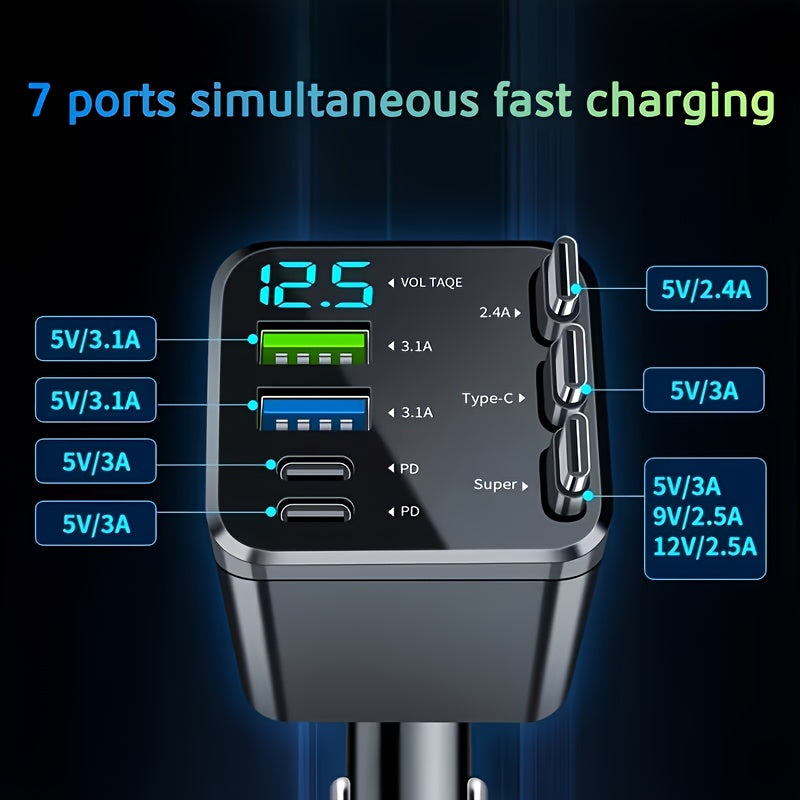7-in-1 Car Fast Charging Mobile Phone Charger, Equipped With 3 Extendable Cables And Fast Charging Interface, Universal Plug, Easy To Operate, Supports 180 ° Free Adjustment Angle, And Is Equipped With LED Intelligent Digital Display Screen