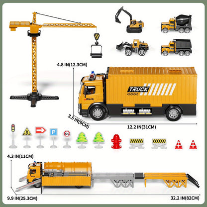 Construction Vehicle Container Truck Toy Set with Crane & Foldable Double Race Track | 4 Alloy Trucks, Realistic Sound & Lights | Kids Toy for Ages 3+