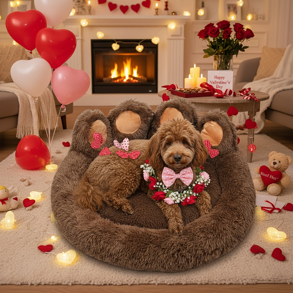 Dog Bed Cat Bed Bear Paw Shaped Donut – Calming Round Plush Pet Mattress, Warm & Soft Cuddler Bed for Dogs and Cats, Includes Pet Scarf, Sizes S to 2XL, Colors: Coffee, Pink, Grey, Brown