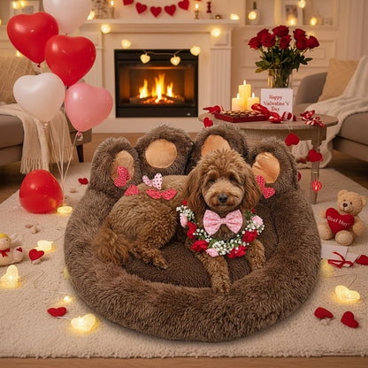 Dog Bed Cat Bed Bear Paw Shaped Donut – Calming Round Plush Pet Mattress, Warm & Soft Cuddler Bed for Dogs and Cats, Includes Pet Scarf, Sizes S to 2XL, Colors: Coffee, Pink, Grey, Brown