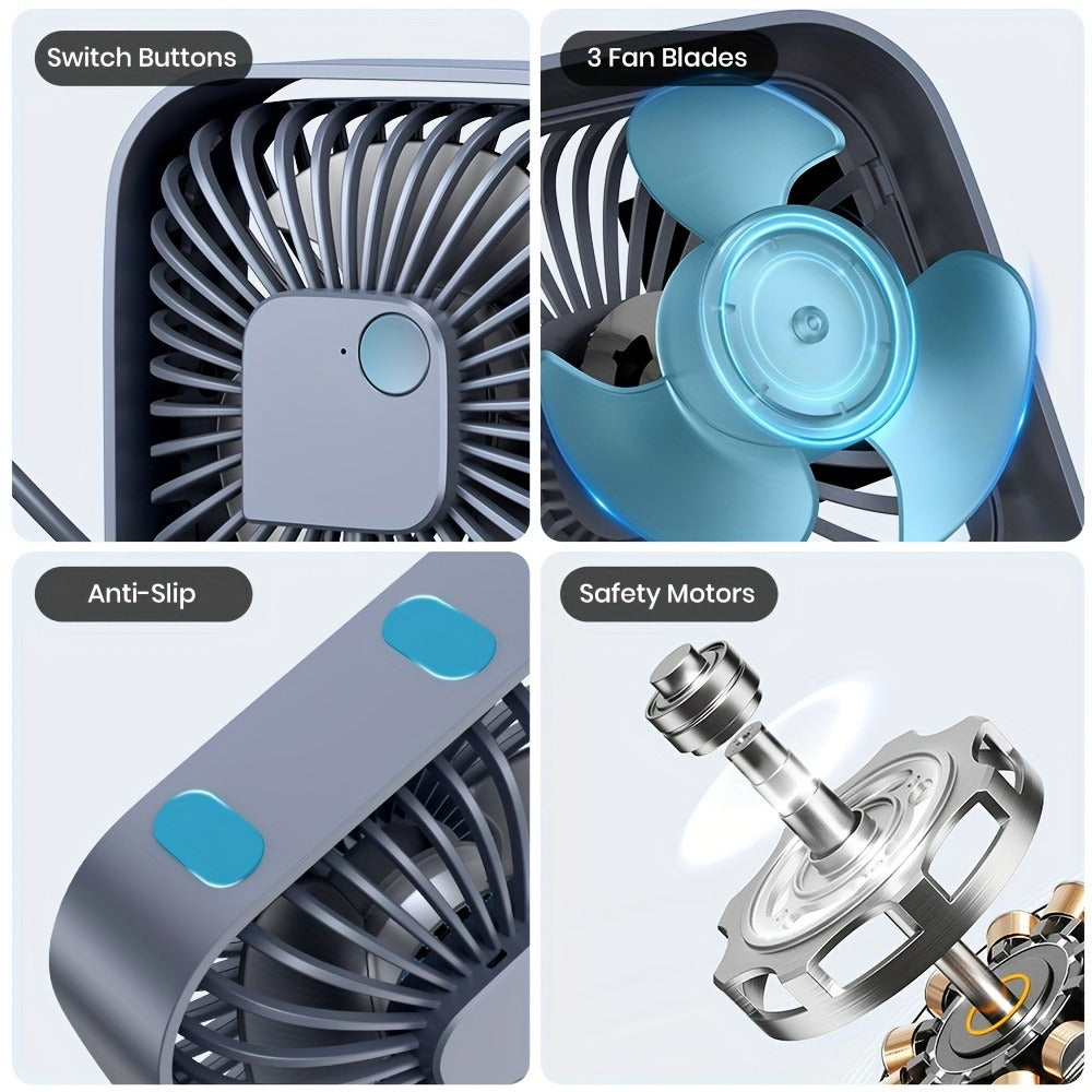 USB Desk Fan Portable, Small Personal Fan 3 Speed Settings 360° Rotation Silent Operation, Compact Lightweight USB Powered Cooling Fan for Home Office Dorm Bedroom Travel, Grey Blue Pink White