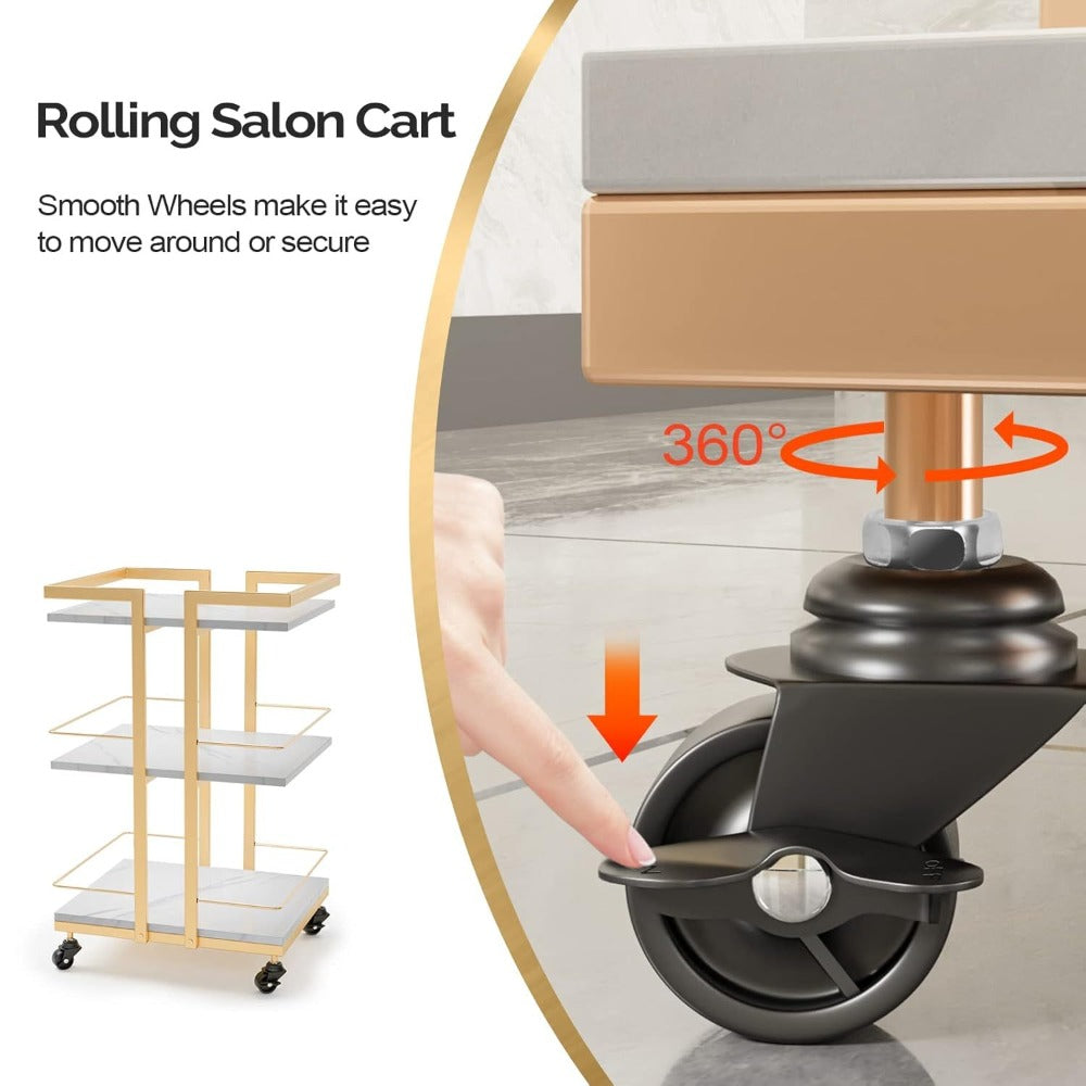 3-Shelf Rolling Salon Cart with Lockable Wheels 130lbs per Shelf – Heavy Duty Metal Frame Waterproof Utility Trolley for Esthetician, Spa, Tattoo, Massage & Manicure, Gold White Rose Gold Black
