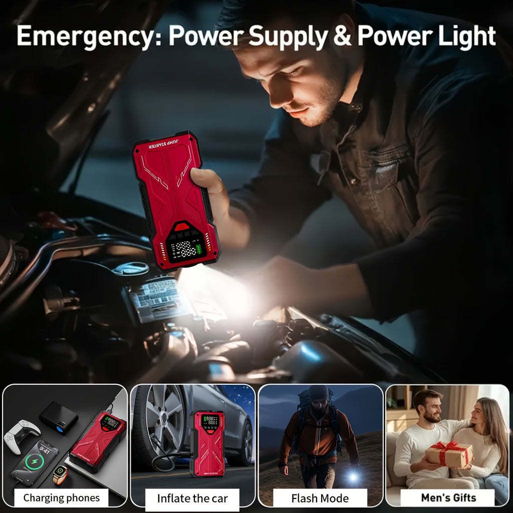 7-in-1 Portable Jump Starter With Air Compressor150PSI Digital Air Compressor, 12V Battery Booster For 2.38gal Gas/1.98gal Diesel Engines, Portable Car Jump Starter With Air Compressor, Fast Charge USB Ports & LED Emergency Light, Christmas Gifts