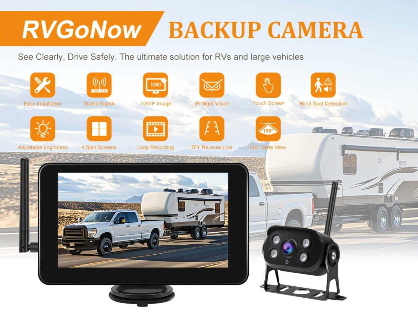 RV Backup Camera Wireless System – 7" HD 1080P Touchscreen Monitor, Night Vision, BSD Blind Spot Detection, 4-Channel, Furrion Compatible, Plug & Play for Trailer Truck Camper Motorhome