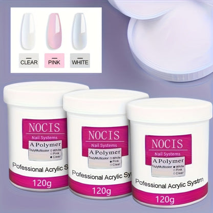 No Lamp Acrylic Nail Extension Powder 120g Clear Pink White — Long-Lasting Crystal Formula for Carving 3D Nail Art Overlays Professional Salon & Home Use