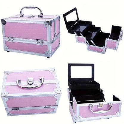 Rolling Makeup Case Aluminum 4-in-1 Extra Large Professional Cosmetic Trolley with 360° Swivel Wheels for Makeup Artist Tattoo Artist Salon Travel Black Pink Silver