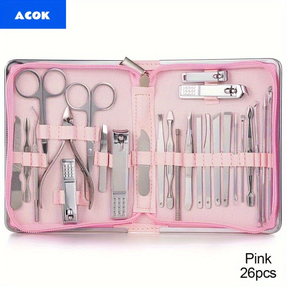 Manicure Pedicure Set 26pcs Pink Stainless Steel – Precision Nail Clippers Cuticle Nipper & Dead Skin Scissors 45° Blade Professional Grooming Kit for Women & Men, Elegant Gift Set Birthday Holiday