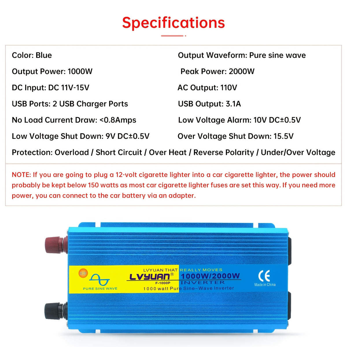 LVYUAN 6000W Pure Sine Wave Power Inverter, 1000W/2000W Pure Sine Wave Inverter, 12V to 110V AC Power Inverter with 2 US Sockets, Dual USB Ports (3.1A), for Car, Home, RV, Gift
