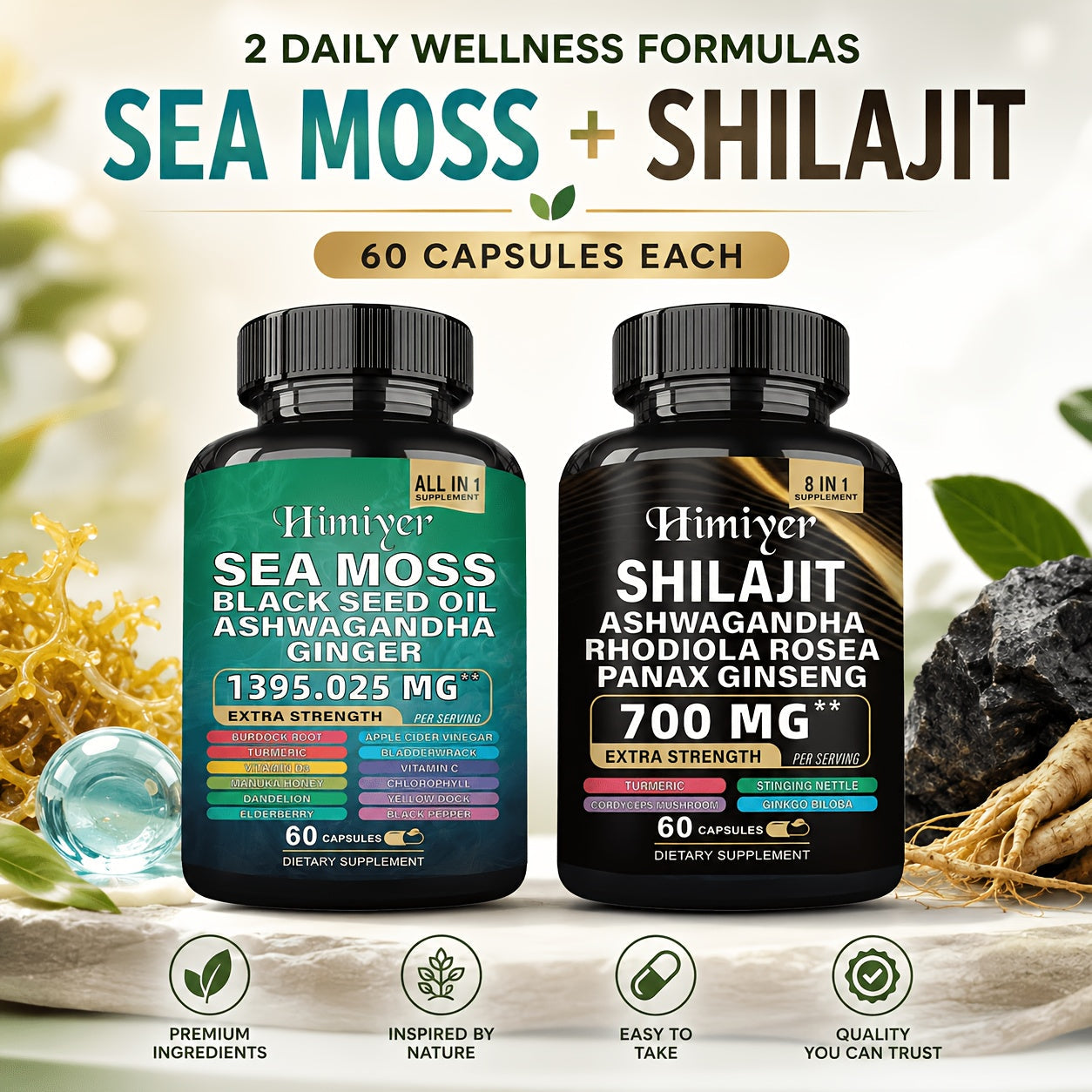 Sea Moss & Shilajit Capsules 12-in-1 Supplement - Bladderwrack Burdock Ashwagandha Black Seed Vitamin C D3 Rhodiola Ginseng Complete Wellness Formula for Energy Immunity Vitality
