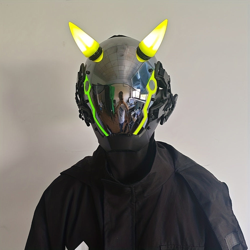 Electric Pink Punk Cosplay Mask with Helmet – Battery-Powered LED Full Face Mask for Halloween, Christmas, Easter, Rave Music Festival & Party, Unisex Adult Costume Prop, Cool Gift for Men & Women