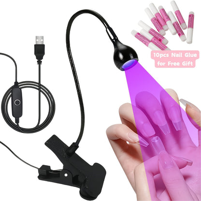 LED Nail Lamp Clip-On Hands-Free with Flexible Metal Tube & Multi-Color Lighting – UV Gel Nail Dryer for Manicure Pedicure Home DIY Nail Art Includes 10pc Nail Glue Gift for Women