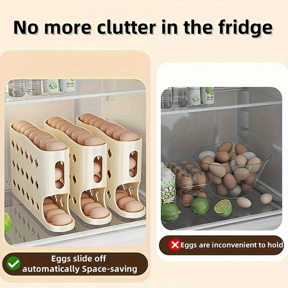 Egg Dispenser for Refrigerator, 4-Tier Automatic Rolling Egg Holder Rack – Space-Saving Egg Storage Organizer for Fridge, Kitchen Cabinet, Countertop and Table