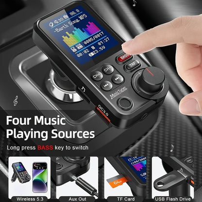 Bluetooth FM Transmitter for Car - BT 5.3 Wireless Car Adapter with 1.8" Color Screen, QC3.0 Fast Charging, Hands-Free Calling, Strong Mic, Bass & Treble Music Player, Touchscreen Control