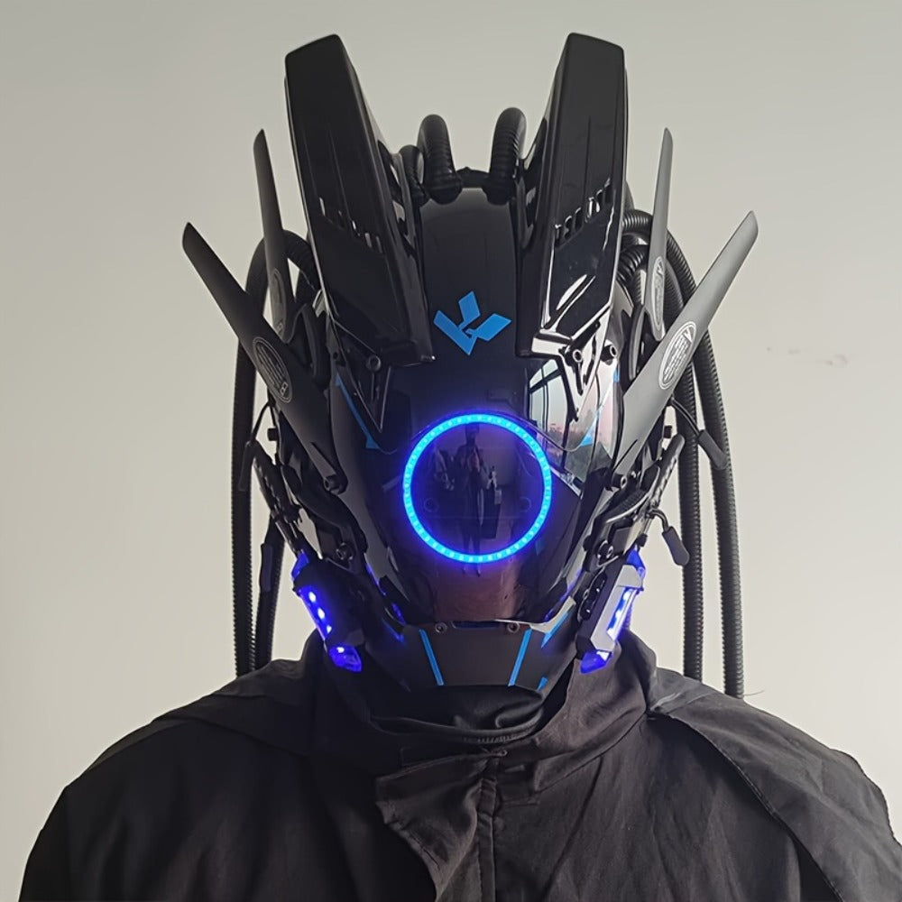 LED Punk Mask with Tubular Braids & Helmet – Futuristic Sci-Fi Mechanical Cosplay Mask for Halloween, Rave Music Festival & Party, Blue Green Pink, Handmade TPU PC Unisex Adult Costume Prop
