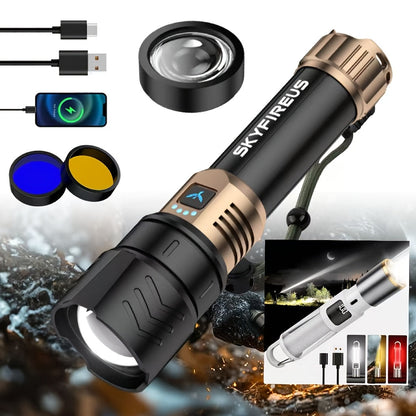 High Lumen LED Flashlight Zoomable 4 Modes Rechargeable Cycling Light for Camping Outdoor Household Use