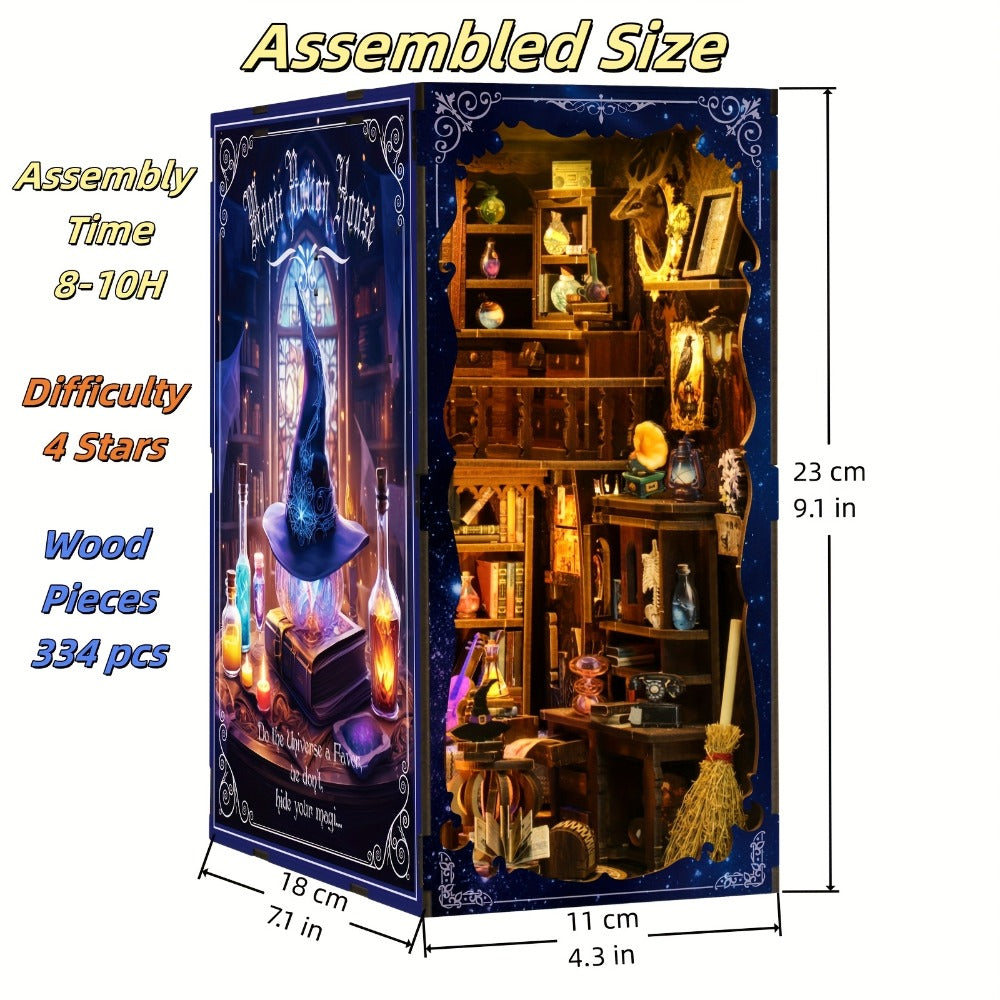 Book Nook Kit Magic House DIY Miniature Dollhouse Bookshelf Insert with LED Light – 3D Craft Kit for Adults & Teens, Unique Birthday Christmas Gift for Women Girls Book Lovers