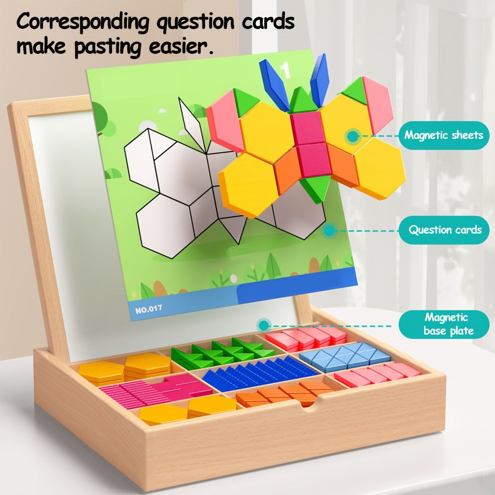 Magnetic Wooden Puzzle Blocks 128 180 220 Piece Set – Geometric Figures Cognitive Learning STEM Toy for Kids, Creative Jigsaw Building Gift for Toddlers & Children
