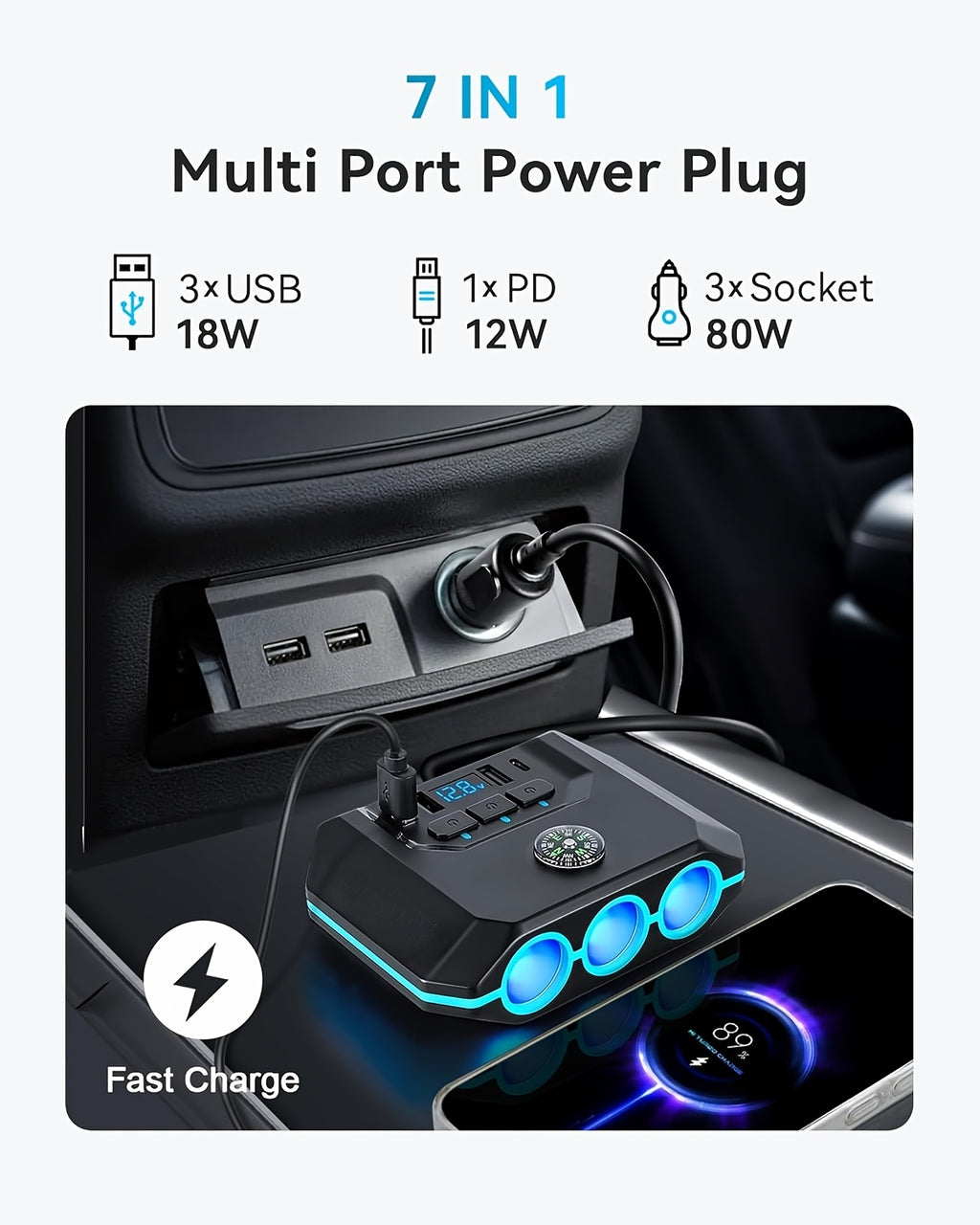 7-in-1 120W Car Charger Adapter, 3-Socket Auto Power Outlet Splitter with Built-In Compass, Type-C PD & 3 USB Fast Charging Ports, Real-Time LED Voltmeter, Independent Switches for 12V-24V Vehicles By AXVIV