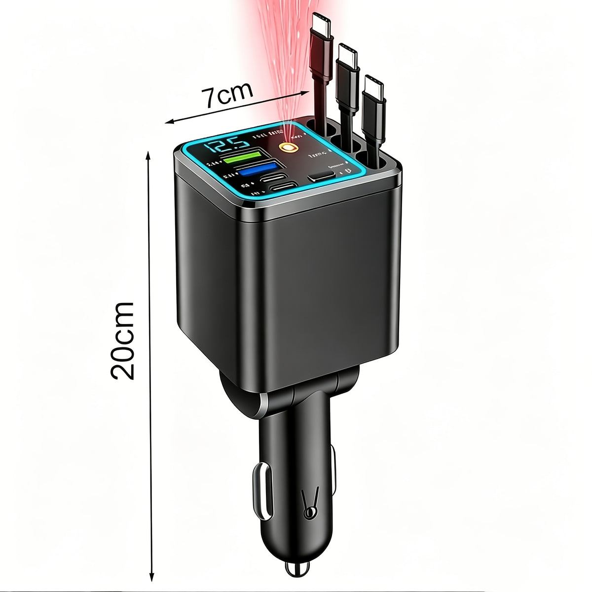 7-in-1 Car Fast Charging Mobile Phone Charger, Upgraded Color Light, Equipped With 3 Extendable Cables And Fast Charging Interface, Supports 180 ° Free Adjustment Angle, And Is Equipped With LED Intelligent Digital Display Screen, Without Battery