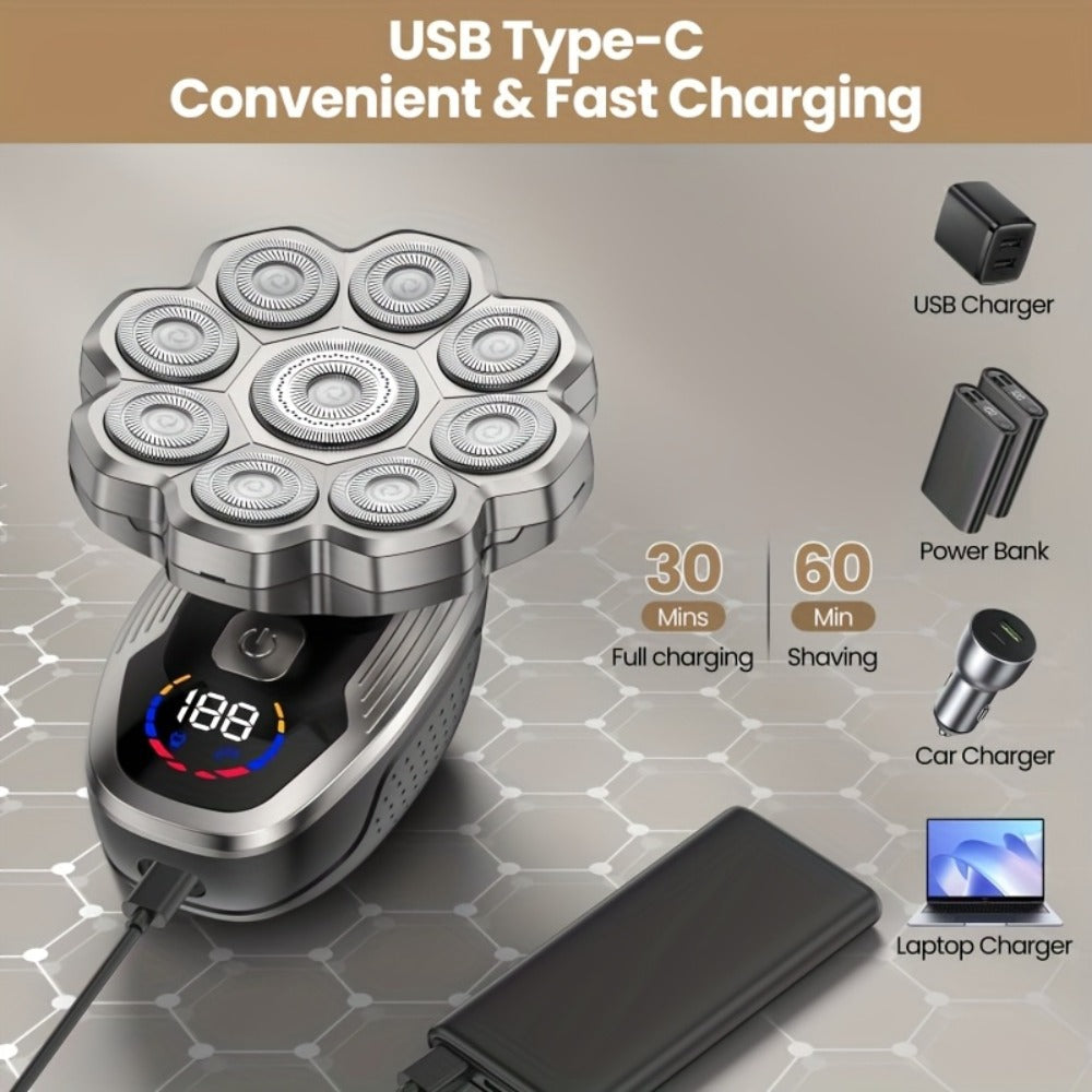 Men's Electric Rotary Shaver 7D 9D with LED Display — Titanium Blades, Wet & Dry, USB-C Fast Charging, Head Shaver & Bald Barber Tool, Father's Day Gift for Men