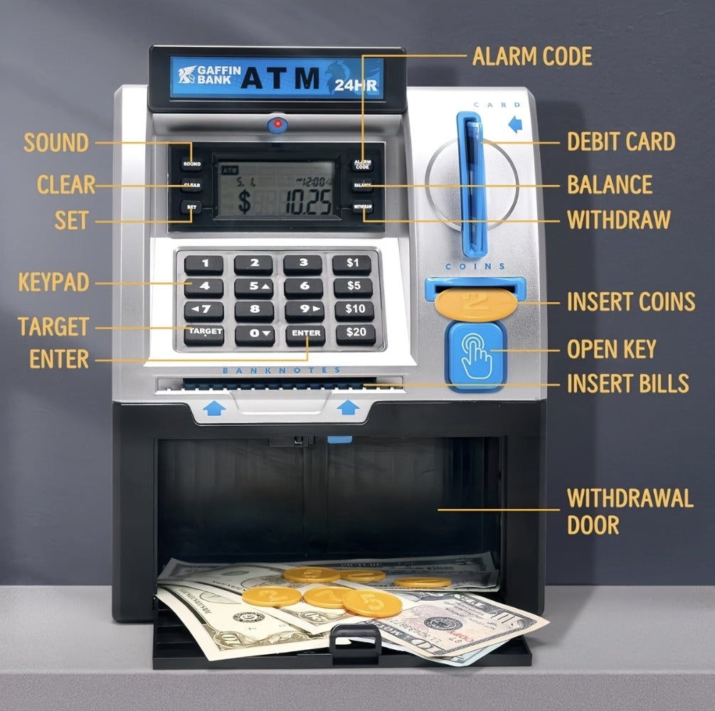 Electronic Money Bank for Kids with Debit Card & Cash Scanning – Digital ATM Piggy Bank with Coin & Bill Slot, Balance Calculator, Password Lock Safe Box, Fun Savings Toy Gift