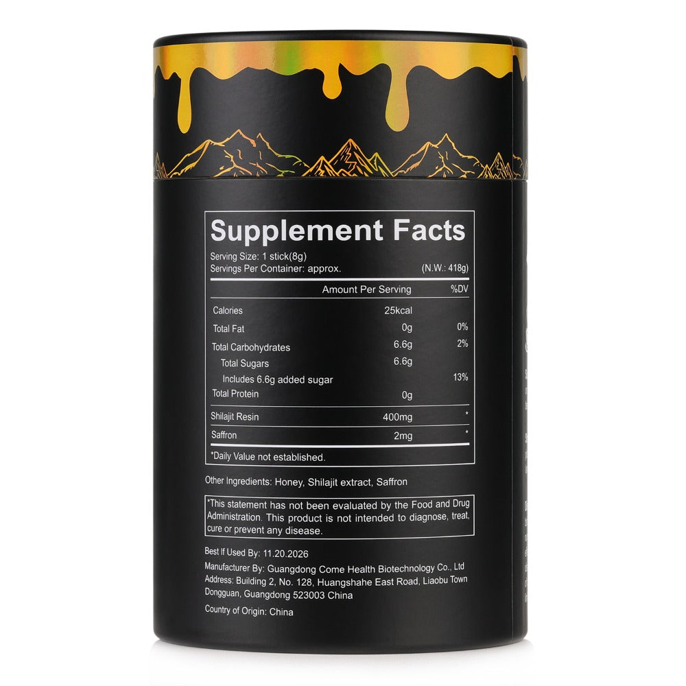 Shilajit Honey Sticks with Saffron, 85+ Trace Minerals & 75% Fulvic Acid – Natural Energy, Focus & Vitality Supplement for Women & Men, 30 Individually Wrapped Sticks