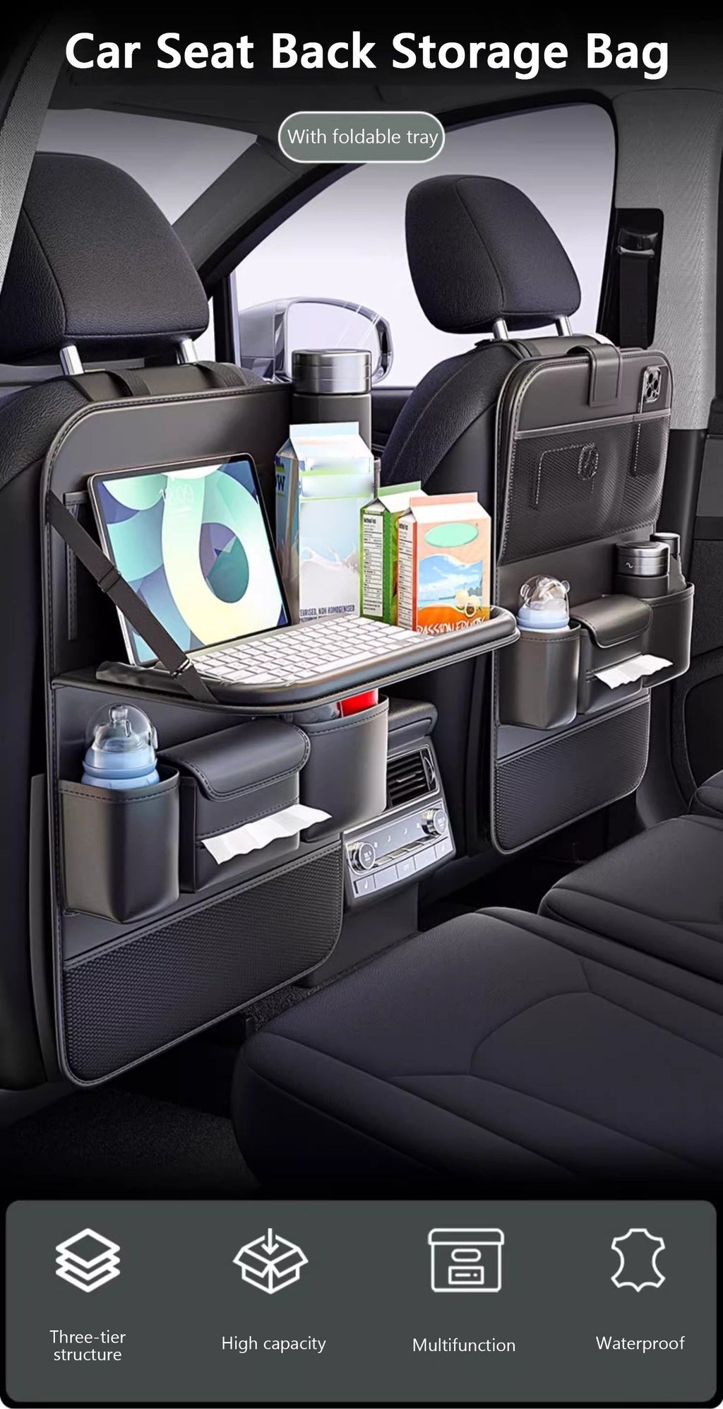 Faux Leather Premium Car Seat Back Organizer Travel Additions Seat Storage Bag Back Seat Dining Table And Cup Holder Universal Model
