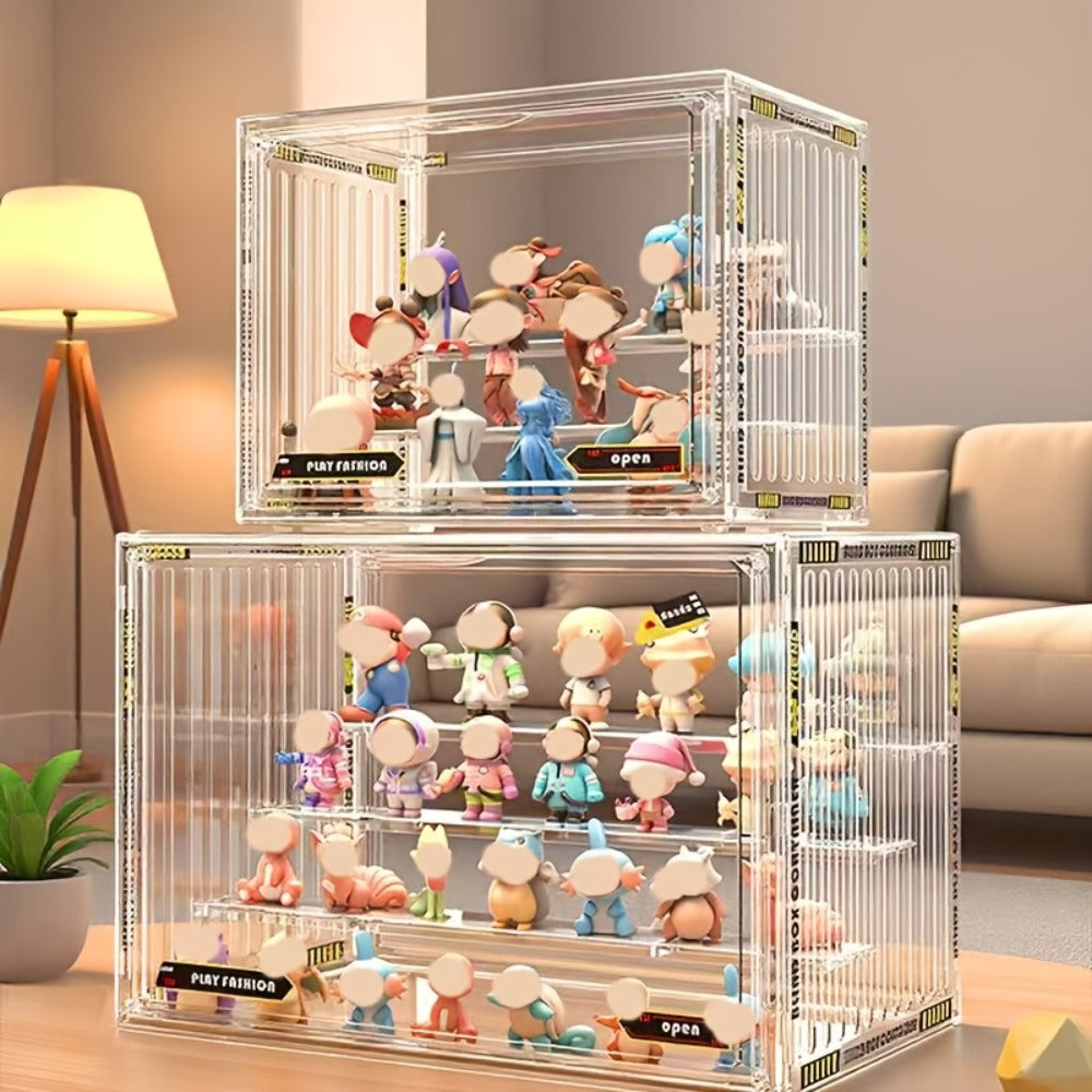 Acrylic Display Case for Figures 3 & 4 Tiers with Adjustable Dividers – Clear Dust-Proof Showcase Box with Magnetic Door for Collectibles, Action Figures & Miniatures