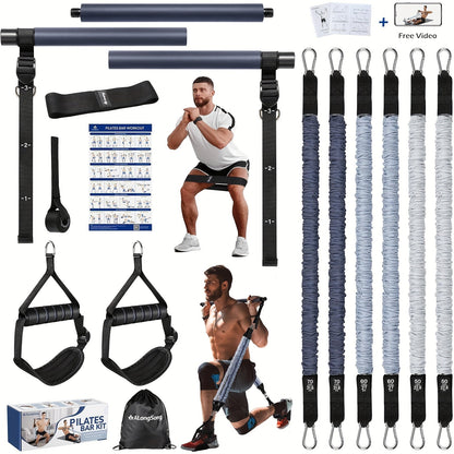 Natural Latex Pilates Bar Kit with Resistance Bands 20-360 lbs – Stainless Steel Handle, Adjustable Length for 5'3"-6'2", Full Body Home Gym Workout for Women & Men