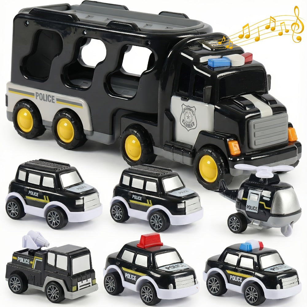 7-in-1 Kids Car Toy Set 7pcs with Playmat – Large Vehicle + 6 Mini Cars Ambulance Police Fire Truck Engineering – Birthday Halloween Christmas Gift for Boys Girls