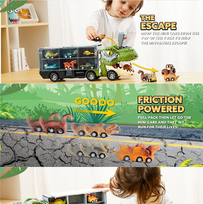Dinosaur Truck Toy Set 13 PCS – Transport Carrier Truck with Lights & Sounds + 8 Pull-Back Cars + 3 Die-Cast Dino Vehicles + Helicopter | Friction Powered Dinosaur Toy for Boys Ages 3+ | Best Birthday Christmas Gift