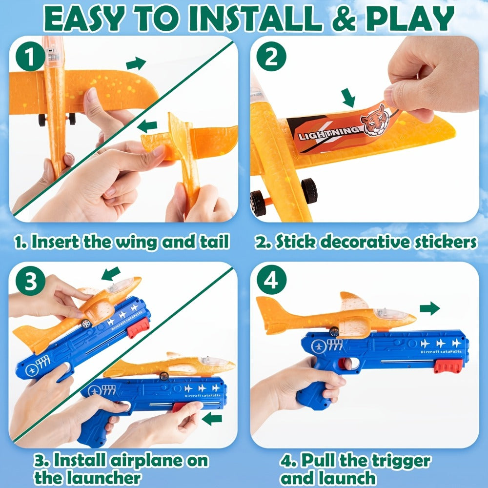 Airplane Launcher Toy Set with 3 Planes & Stickers for Kids Ages 3-12 – 2 Flight Modes Outdoor Flying Game Easy Assembly Birthday Christmas Gift Boys Girls