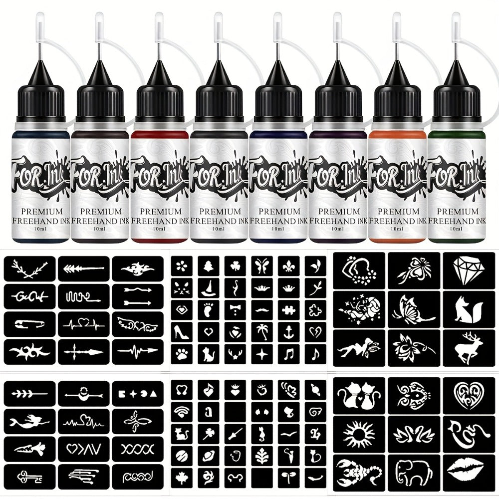 Semi-Permanent Tattoo Ink Set 8 Bottles — Waterproof Long-Lasting Paste Formula, Mixed Colors, Hollow Stencils Included, Body Art for Parties, Festivals, Halloween & Cosplay