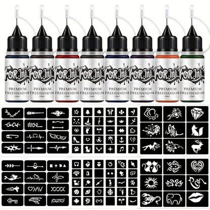 Semi-Permanent Tattoo Ink Set 8 Bottles — Waterproof Long-Lasting Paste Formula, Mixed Colors, Hollow Stencils Included, Body Art for Parties, Festivals, Halloween & Cosplay