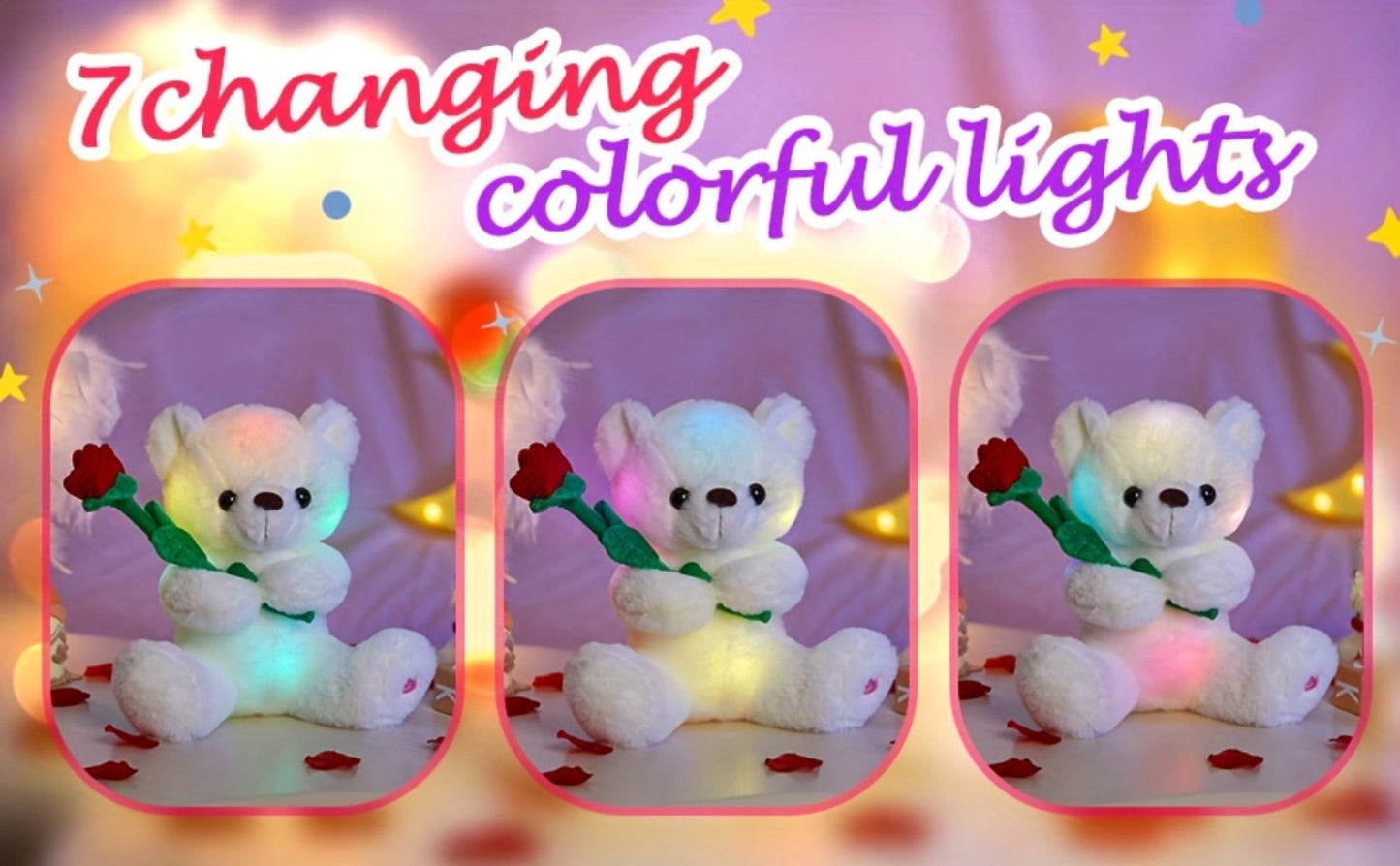 Rose Bear Plush with LED Light Glowing White Bear with Flowers Romantic Stuffed Animal Gift for Her Women Girls Girlfriend Mom Valentine's Day Mother's Day Birthday Anniversary