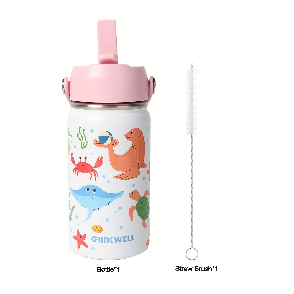 Insulated Stainless Steel Water Cup with Straw | 12oz 340ml, 3D Cartoon Pattern, Double Wall, Handle & Straw Brush – Travel, School & Outdoor
